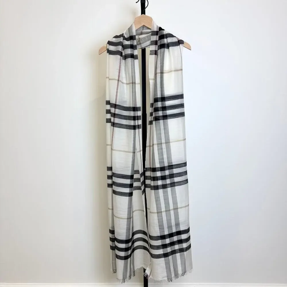Burberry Lightweight Wool Silk Blend Scarf Large Check Print Frayed Edges